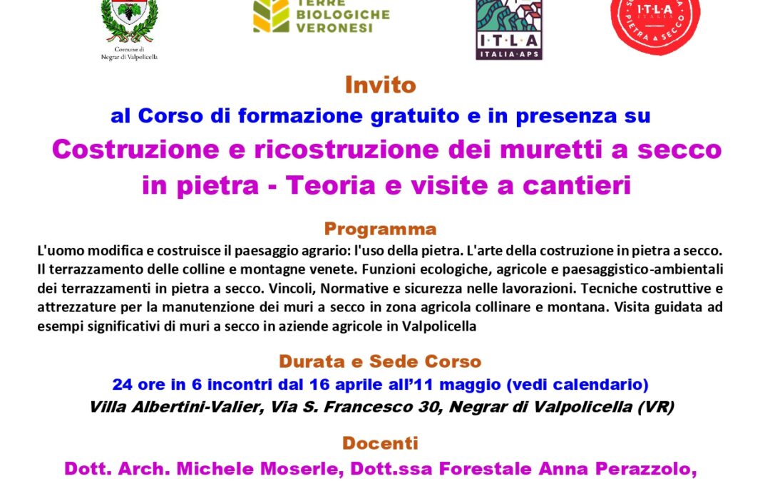 Costruzione e ricostruzione dei muri in pietra a secco: teoria e visite ai cantieri. Negrar di Valpolicella VR, Corso di formazione, 6 incontri a partire  dal 16 aprile 2026